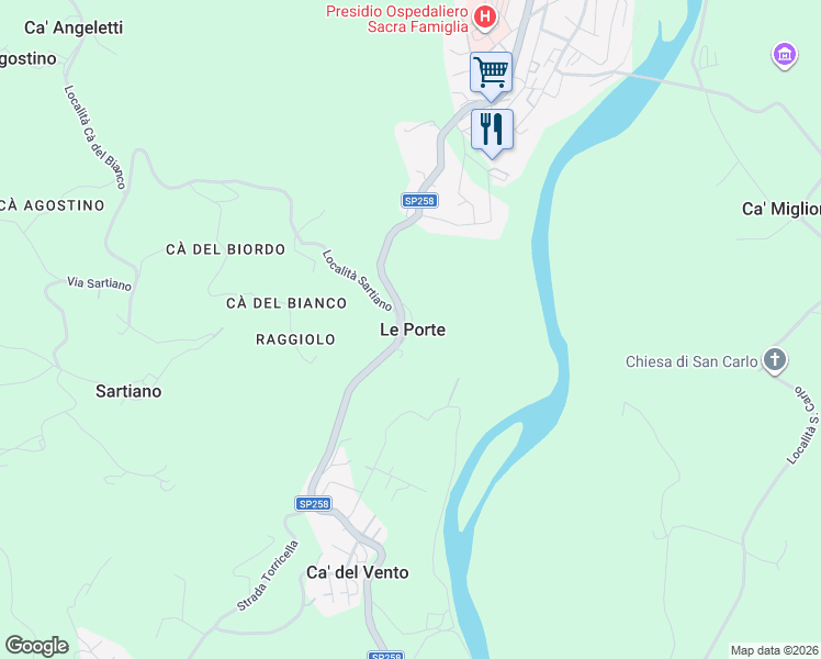 map of restaurants, bars, coffee shops, grocery stores, and more near 1A Via Sartiano in Le Porte