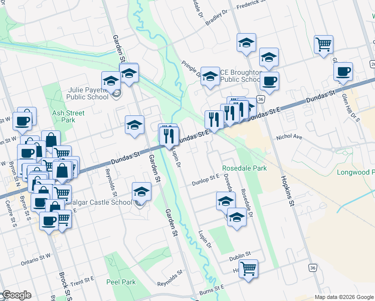map of restaurants, bars, coffee shops, grocery stores, and more near 108 Craydon Road in Whitby