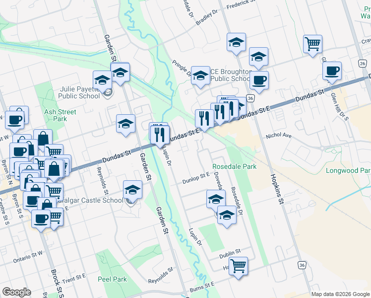 map of restaurants, bars, coffee shops, grocery stores, and more near 111 Craydon Road in Whitby