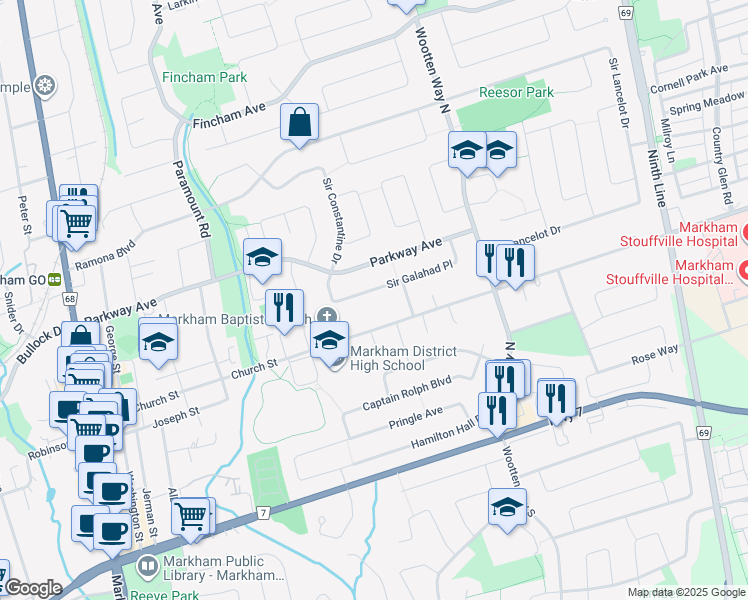 map of restaurants, bars, coffee shops, grocery stores, and more near 28 Sir Galahad Place in Markham