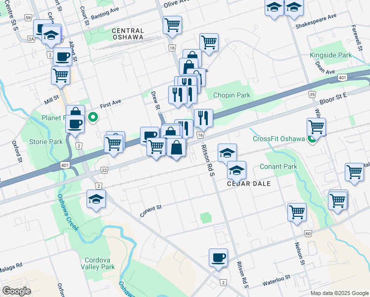 map of restaurants, bars, coffee shops, grocery stores, and more near in Oshawa