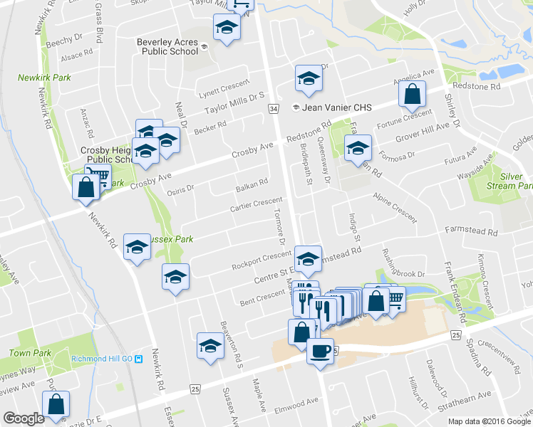 map of restaurants, bars, coffee shops, grocery stores, and more near in Richmond Hill