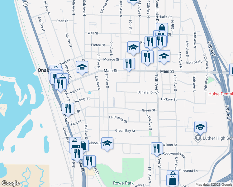 map of restaurants, bars, coffee shops, grocery stores, and more near 906 Westview Circle Drive in Onalaska