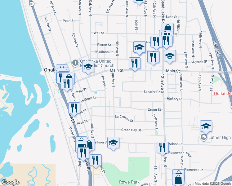 map of restaurants, bars, coffee shops, grocery stores, and more near 217 9th Avenue South in Onalaska