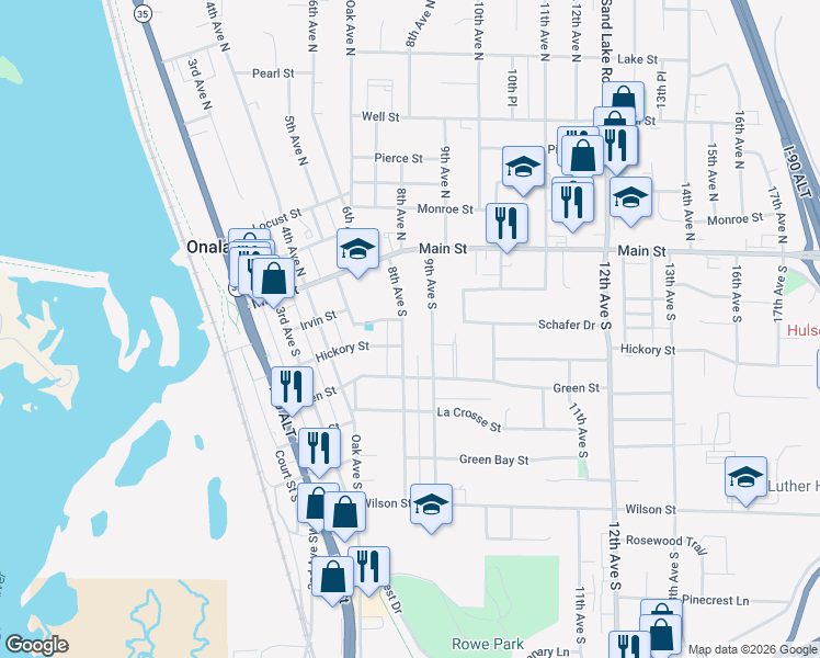 map of restaurants, bars, coffee shops, grocery stores, and more near 138 8th Avenue South in Onalaska