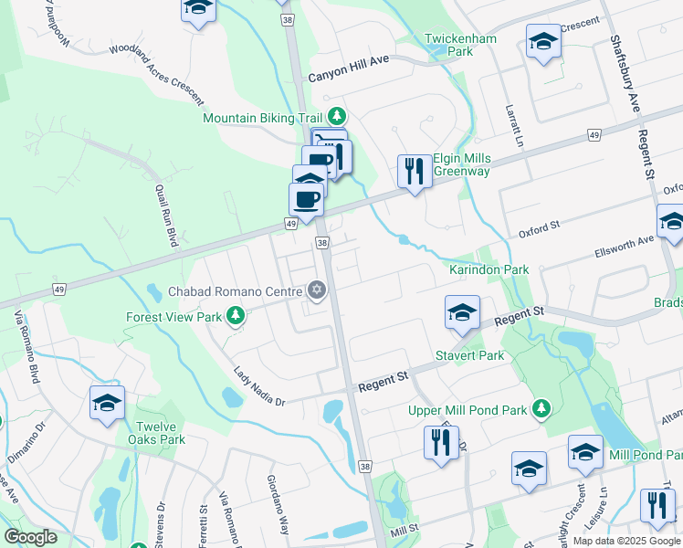 map of restaurants, bars, coffee shops, grocery stores, and more near 272 Oxford Street in Richmond Hill