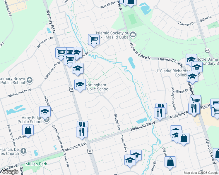 map of restaurants, bars, coffee shops, grocery stores, and more near 8 Westacott Crescent in Ajax