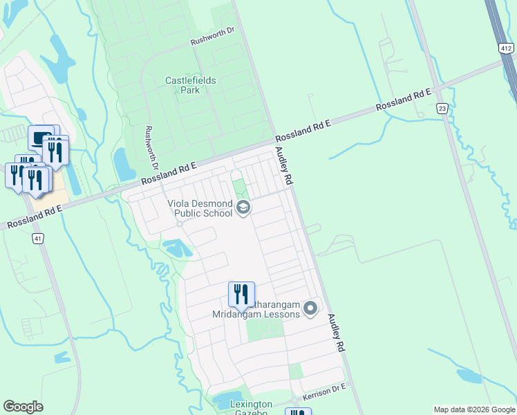 map of restaurants, bars, coffee shops, grocery stores, and more near 102 Goss Lane in Ajax