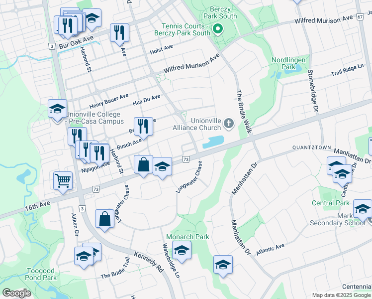 map of restaurants, bars, coffee shops, grocery stores, and more near 126 Christian Ritter Drive in Markham