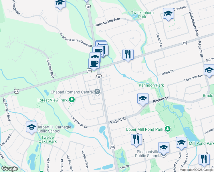 map of restaurants, bars, coffee shops, grocery stores, and more near 17 Lasalle Lane in Richmond Hill