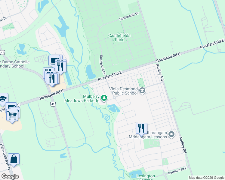map of restaurants, bars, coffee shops, grocery stores, and more near 35 Lloydminster Avenue in Ajax