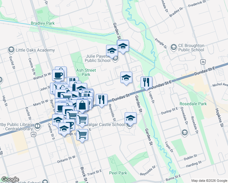 map of restaurants, bars, coffee shops, grocery stores, and more near in Whitby