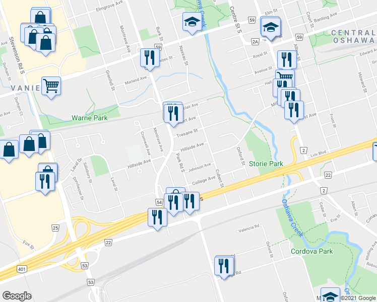map of restaurants, bars, coffee shops, grocery stores, and more near 231 Hillside Avenue in Oshawa