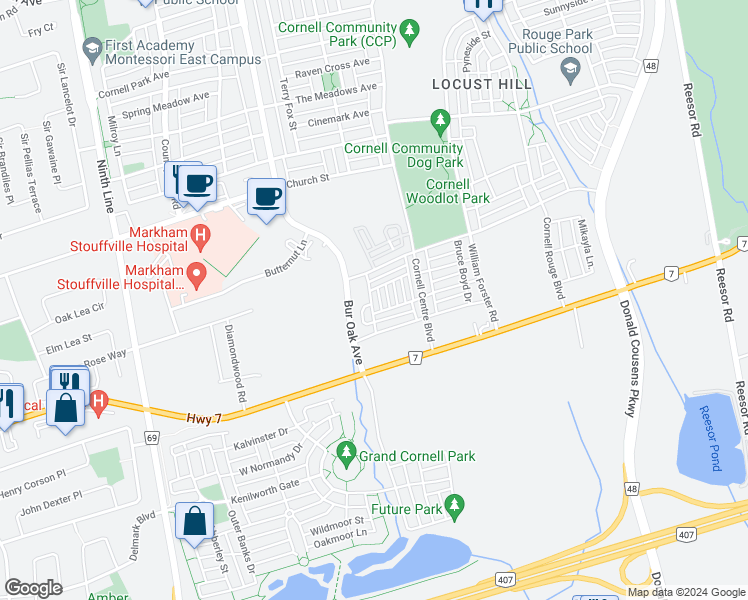map of restaurants, bars, coffee shops, grocery stores, and more near 33 Adam Sellers Street in Markham