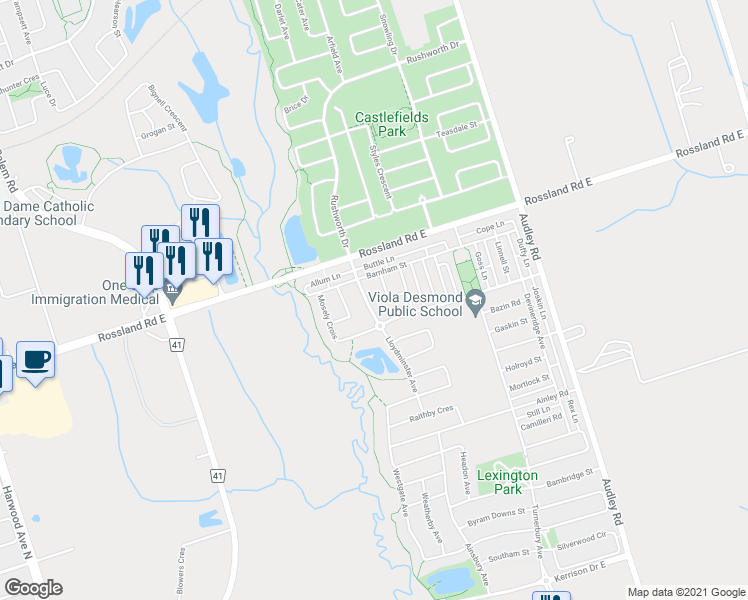 map of restaurants, bars, coffee shops, grocery stores, and more near 35 Lloydminster Avenue in Ajax