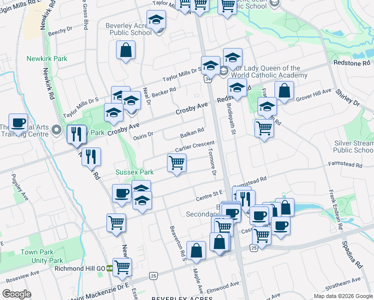 map of restaurants, bars, coffee shops, grocery stores, and more near 93 Cartier Crescent in Richmond Hill