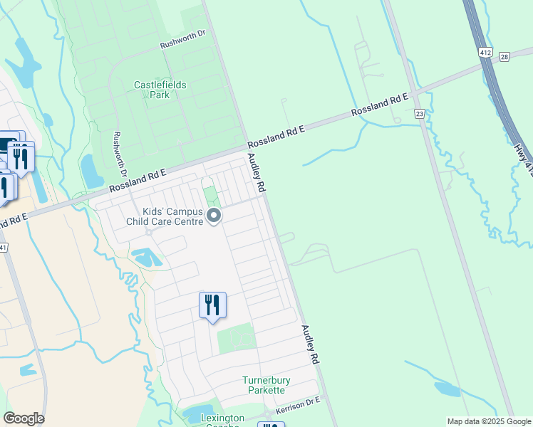 map of restaurants, bars, coffee shops, grocery stores, and more near 904 Audley Road in Ajax