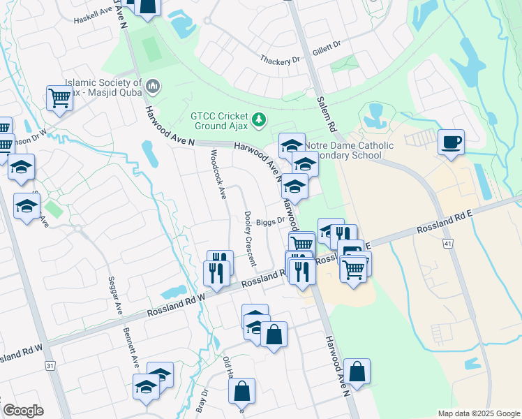 map of restaurants, bars, coffee shops, grocery stores, and more near 10 Nobbs Drive in Ajax