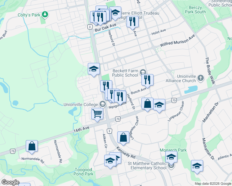 map of restaurants, bars, coffee shops, grocery stores, and more near 21 Beckett Avenue in Markham
