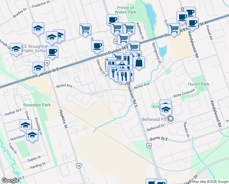 map of restaurants, bars, coffee shops, grocery stores, and more near 4 Upland Drive in Whitby