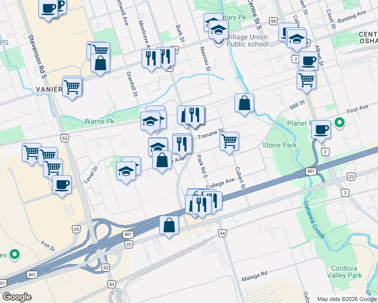map of restaurants, bars, coffee shops, grocery stores, and more near 288 Hillside Avenue in Oshawa