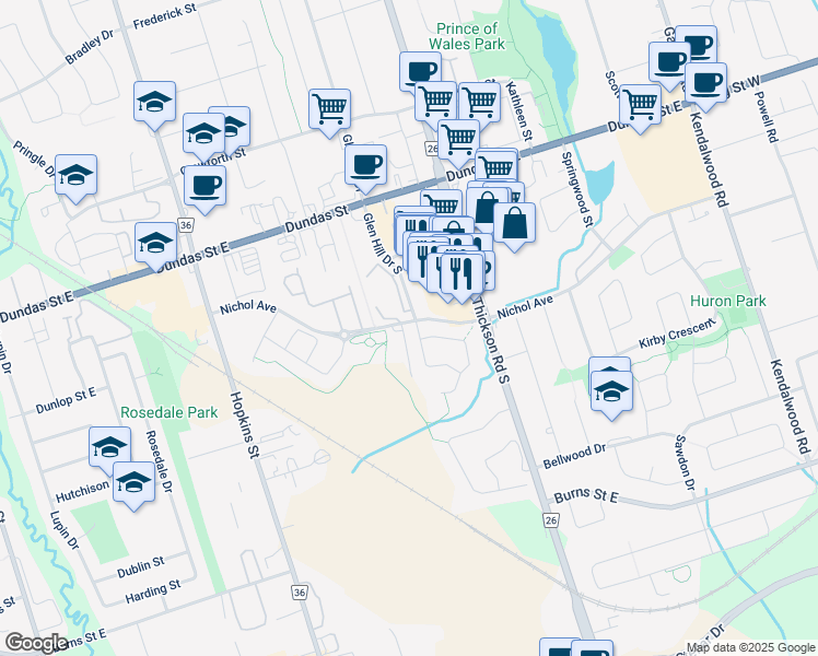map of restaurants, bars, coffee shops, grocery stores, and more near 2 Wood Drive in Whitby