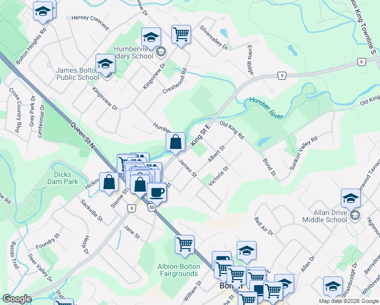 map of restaurants, bars, coffee shops, grocery stores, and more near 142 King Street East in Bolton