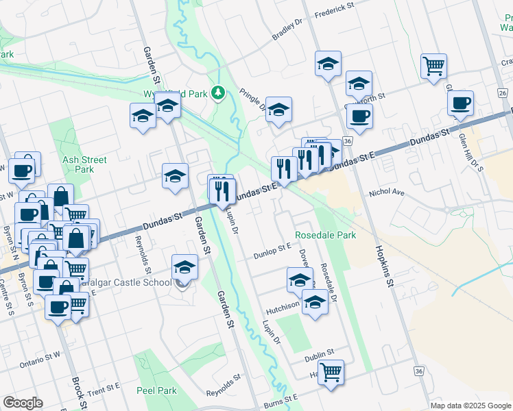 map of restaurants, bars, coffee shops, grocery stores, and more near 109 Craydon Road in Whitby