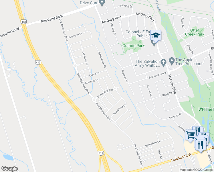 map of restaurants, bars, coffee shops, grocery stores, and more near 28 Broden Crescent in Whitby