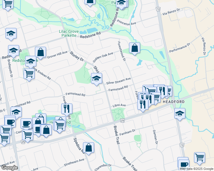 map of restaurants, bars, coffee shops, grocery stores, and more near 9 Silver Stream Avenue in Richmond Hill