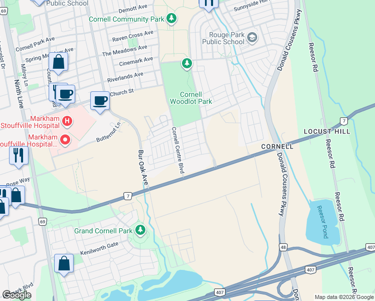 map of restaurants, bars, coffee shops, grocery stores, and more near 103 Frederick Wilson Avenue in Markham