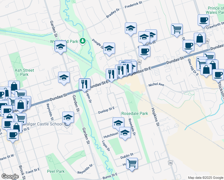 map of restaurants, bars, coffee shops, grocery stores, and more near 109 Dovedale Drive in Whitby