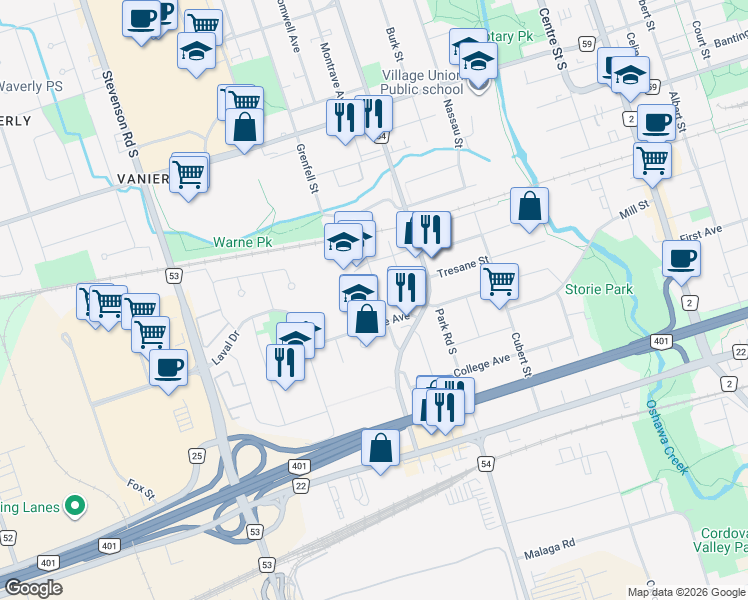 map of restaurants, bars, coffee shops, grocery stores, and more near 476 Cromwell Avenue in Oshawa