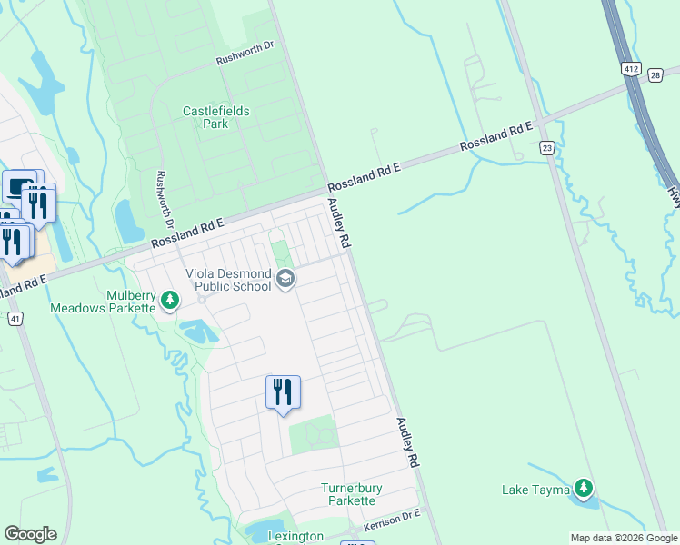 map of restaurants, bars, coffee shops, grocery stores, and more near 113 Devineridge Avenue in Ajax