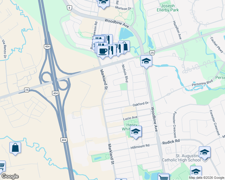 map of restaurants, bars, coffee shops, grocery stores, and more near 26 Starhill Crescent in Markham