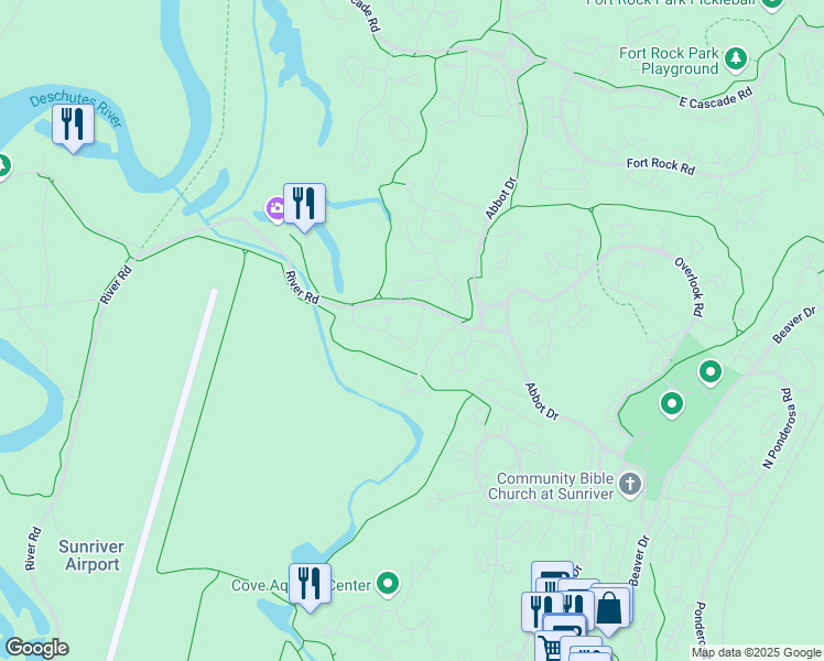 map of restaurants, bars, coffee shops, grocery stores, and more near 57336 Muir Court in Sunriver