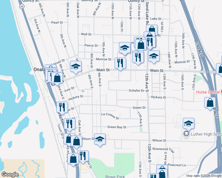 map of restaurants, bars, coffee shops, grocery stores, and more near 906 Westview Circle Drive in Onalaska