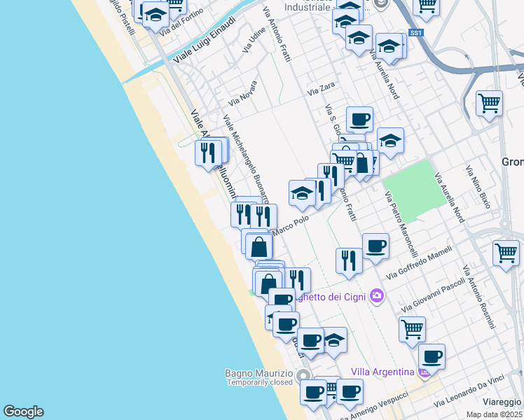 map of restaurants, bars, coffee shops, grocery stores, and more near 12 Via Alfredo Catalani in Viareggio