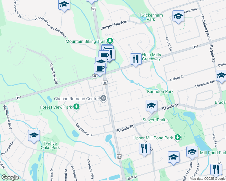 map of restaurants, bars, coffee shops, grocery stores, and more near 16 Lasalle Lane in Richmond Hill