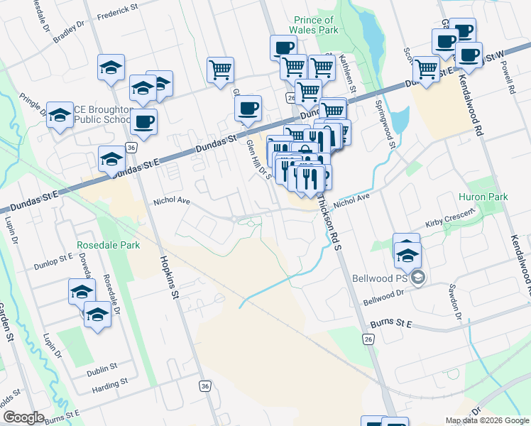 map of restaurants, bars, coffee shops, grocery stores, and more near 1455 Nichol Avenue in Whitby