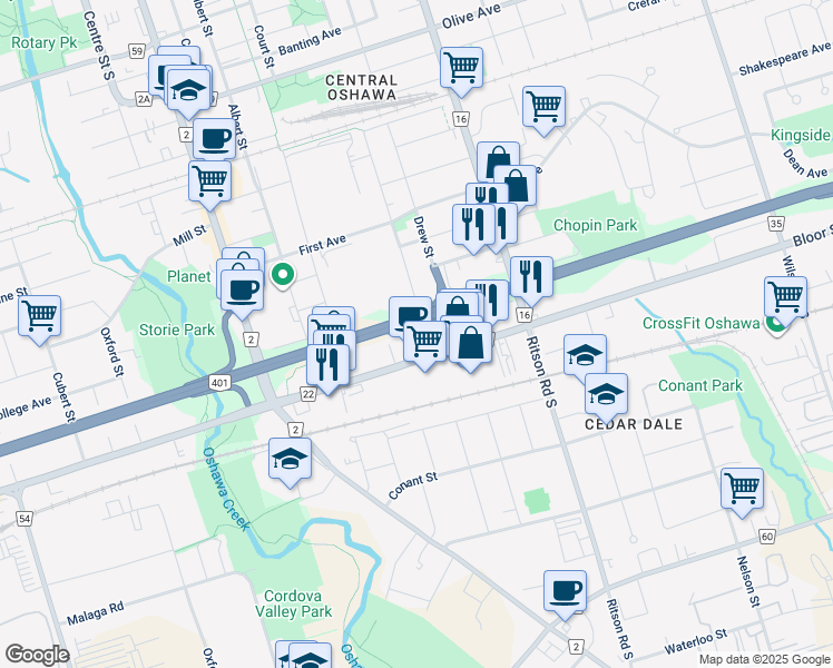 map of restaurants, bars, coffee shops, grocery stores, and more near 628 Howard Street in Oshawa