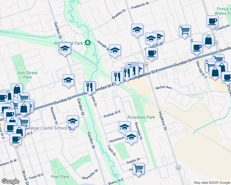 map of restaurants, bars, coffee shops, grocery stores, and more near 109 Dovedale Drive in Whitby