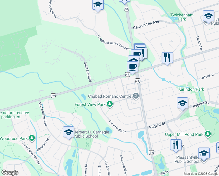 map of restaurants, bars, coffee shops, grocery stores, and more near 53 Lady Loretta Lane in Vaughan