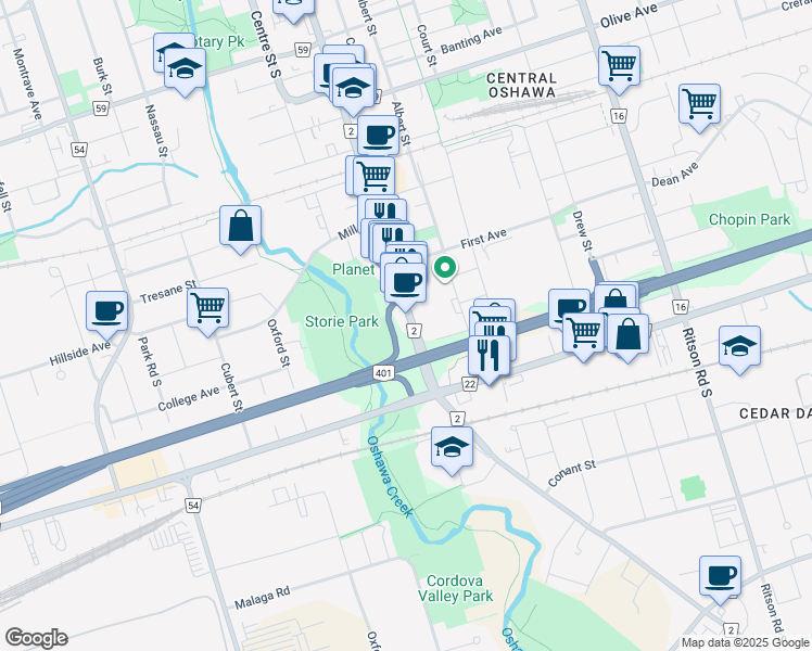map of restaurants, bars, coffee shops, grocery stores, and more near 578 Durham Regional Road 2 in Oshawa