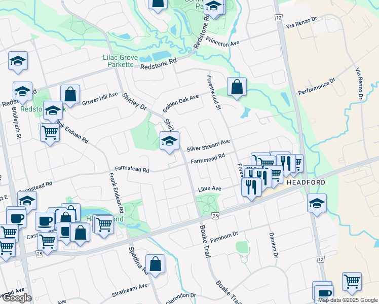 map of restaurants, bars, coffee shops, grocery stores, and more near 5 Silver Stream Avenue in Richmond Hill