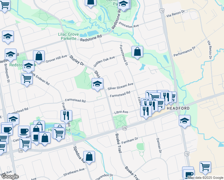 map of restaurants, bars, coffee shops, grocery stores, and more near 9 Silver Stream Avenue in Richmond Hill