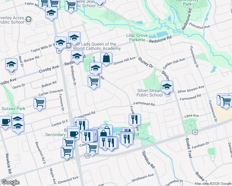 map of restaurants, bars, coffee shops, grocery stores, and more near 29 Alpine Crescent in Richmond Hill