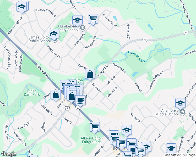 map of restaurants, bars, coffee shops, grocery stores, and more near 146 King Street East in Bolton