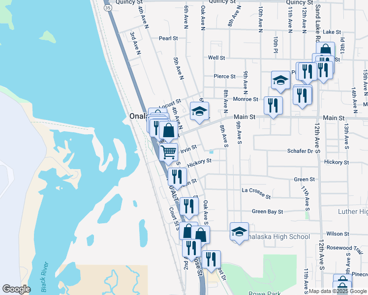 map of restaurants, bars, coffee shops, grocery stores, and more near 120 4th Avenue South in Onalaska