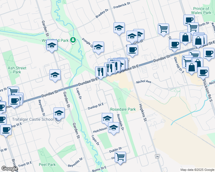 map of restaurants, bars, coffee shops, grocery stores, and more near 103 Dovedale Drive in Whitby